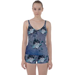 Sport, surfboard with flowers and fish Tie Front Two Piece Tankini