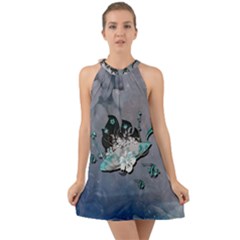 Sport, surfboard with flowers and fish Halter Tie Back Chiffon Dress