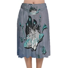 Sport, surfboard with flowers and fish Velvet Flared Midi Skirt