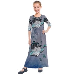 Sport, surfboard with flowers and fish Kids  Quarter Sleeve Maxi Dress