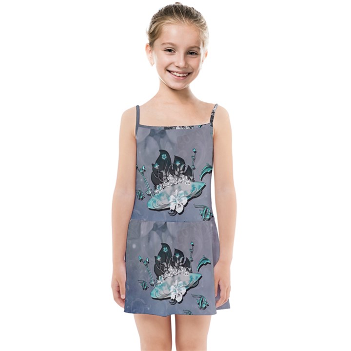 Sport, surfboard with flowers and fish Kids  Summer Sun Dress