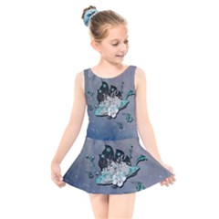 Sport, surfboard with flowers and fish Kids  Skater Dress Swimsuit