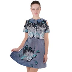 Sport, surfboard with flowers and fish Short Sleeve Shoulder Cut Out Dress 