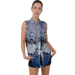 Sport, surfboard with flowers and fish Sleeveless Chiffon Button Shirt