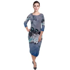 Sport, surfboard with flowers and fish Quarter Sleeve Midi Velour Bodycon Dress