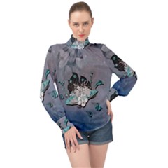 Sport, Surfboard With Flowers And Fish High Neck Long Sleeve Chiffon Top by FantasyWorld7