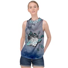 Sport, surfboard with flowers and fish High Neck Satin Top