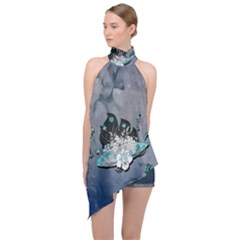 Sport, surfboard with flowers and fish Halter Asymmetric Satin Top