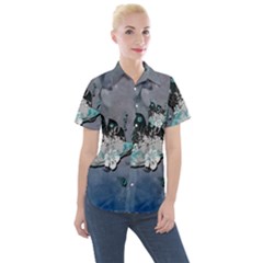 Sport, surfboard with flowers and fish Women s Short Sleeve Pocket Shirt