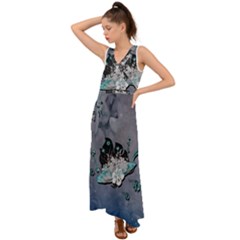 Sport, surfboard with flowers and fish V-Neck Chiffon Maxi Dress
