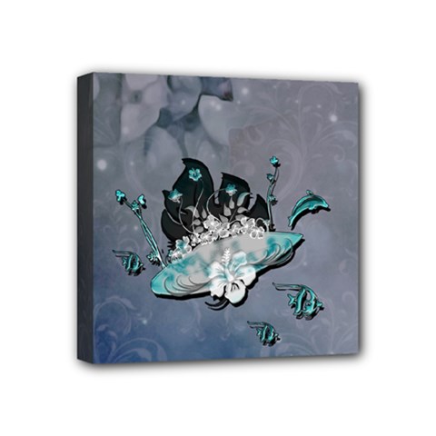 Sport, surfboard with flowers and fish Mini Canvas 4  x 4  (Stretched)