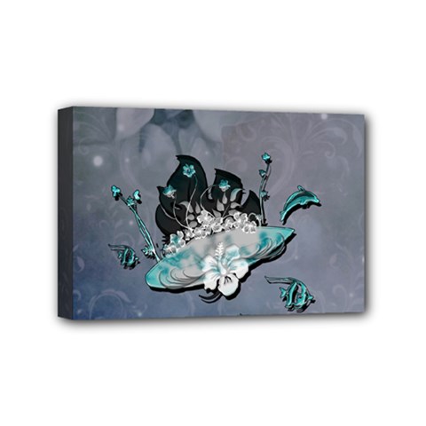 Sport, surfboard with flowers and fish Mini Canvas 6  x 4  (Stretched)