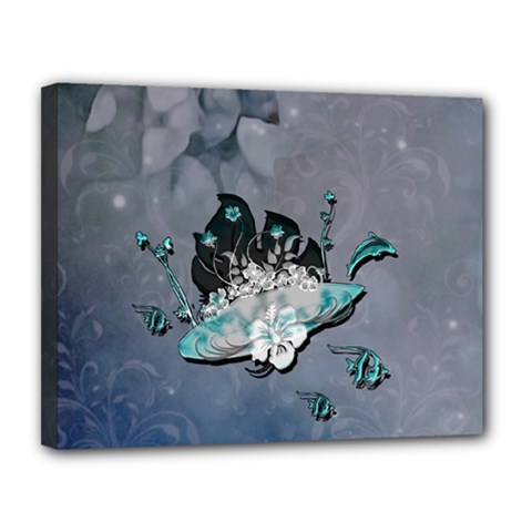 Sport, surfboard with flowers and fish Canvas 14  x 11  (Stretched)