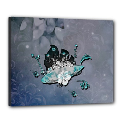 Sport, surfboard with flowers and fish Canvas 20  x 16  (Stretched)