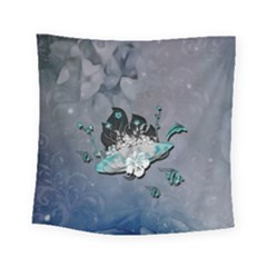 Sport, surfboard with flowers and fish Square Tapestry (Small)