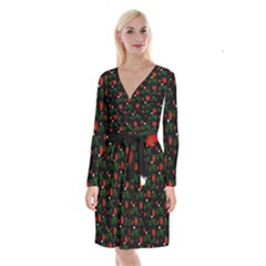 Strawberries Pattern Long Sleeve Velvet Front Wrap Dress by bloomingvinedesign