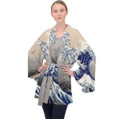 Image Woodblock Printing Woodcut Long Sleeve Velvet Kimono 