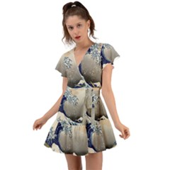 Image Woodblock Printing Woodcut Flutter Sleeve Wrap Dress by Sudhe