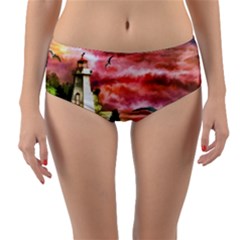 Lighthouse Ocean Sunset Seagulls Reversible Mid-waist Bikini Bottoms by Sudhe