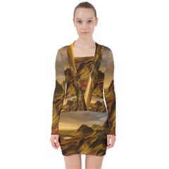 Painting Oil Painting Photo Painting V-neck Bodycon Long Sleeve Dress by Sudhe