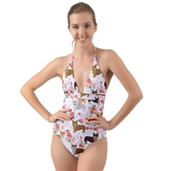 Corgis Corgi Pattern Halter Cut-Out One Piece Swimsuit