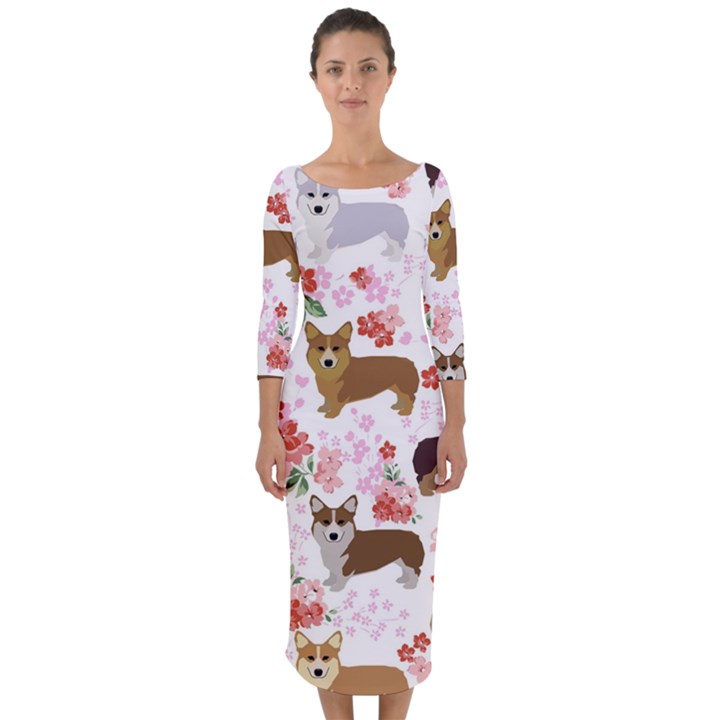 Corgis Corgi Pattern Quarter Sleeve Midi Bodycon Dress