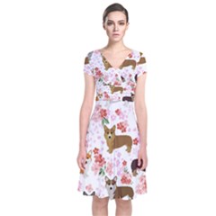 Corgis Corgi Pattern Short Sleeve Front Wrap Dress by Sudhe