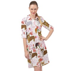 Corgis Corgi Pattern Long Sleeve Mini Shirt Dress by Sudhe