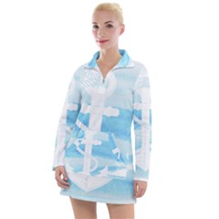 Anchor Watercolor Painting Blue Women s Long Sleeve Casual Dress by Sudhe