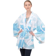 Anchor Watercolor Painting Blue Long Sleeve Velvet Kimono 