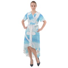 Anchor Watercolor Painting Blue Front Wrap High Low Dress by Sudhe