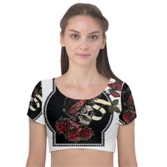 Skull Rose Fantasy Dark Flowers Velvet Short Sleeve Crop Top  by Sudhe