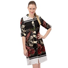 Skull Rose Fantasy Dark Flowers Long Sleeve Mini Shirt Dress by Sudhe