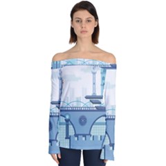 Blue City Building Fantasy Off Shoulder Long Sleeve Top