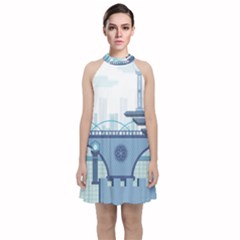 Blue City Building Fantasy Velvet Halter Neckline Dress  by Sudhe