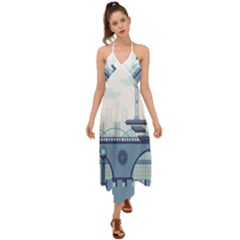 Blue City Building Fantasy Halter Tie Back Dress  by Sudhe