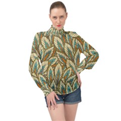 Tropical leaves High Neck Long Sleeve Chiffon Top