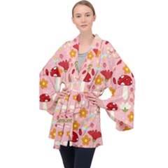 Floral Surface Pattern Design Long Sleeve Velvet Kimono 