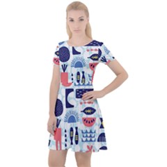 Vector Illustrated Pattern Design Cap Sleeve Velour Dress 