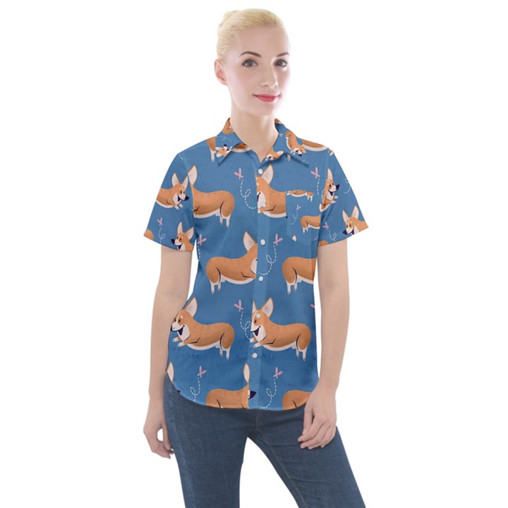 Corgi Patterns Women s Short Sleeve Pocket Shirt