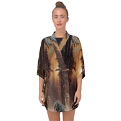 Sunset In The Frozen Winter Forest Half Sleeve Chiffon Kimono by Sudhe