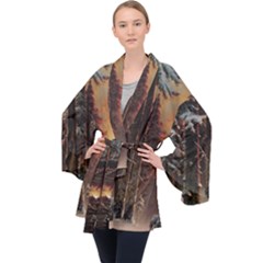 Sunset In The Frozen Winter Forest Long Sleeve Velvet Kimono 