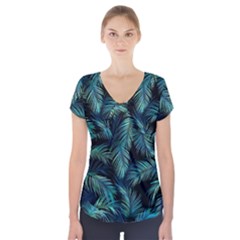 Palms Pattern Design Short Sleeve Front Detail Top by Sudhe