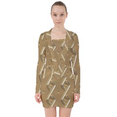 Gold Background 3d V-neck Bodycon Long Sleeve Dress