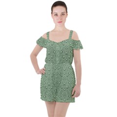 Baroque Green Pearls Ornate Bohemian Ruffle Cut Out Chiffon Playsuit by pepitasart