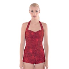 Bright Red Dream Boyleg Halter Swimsuit  by retrotoomoderndesigns