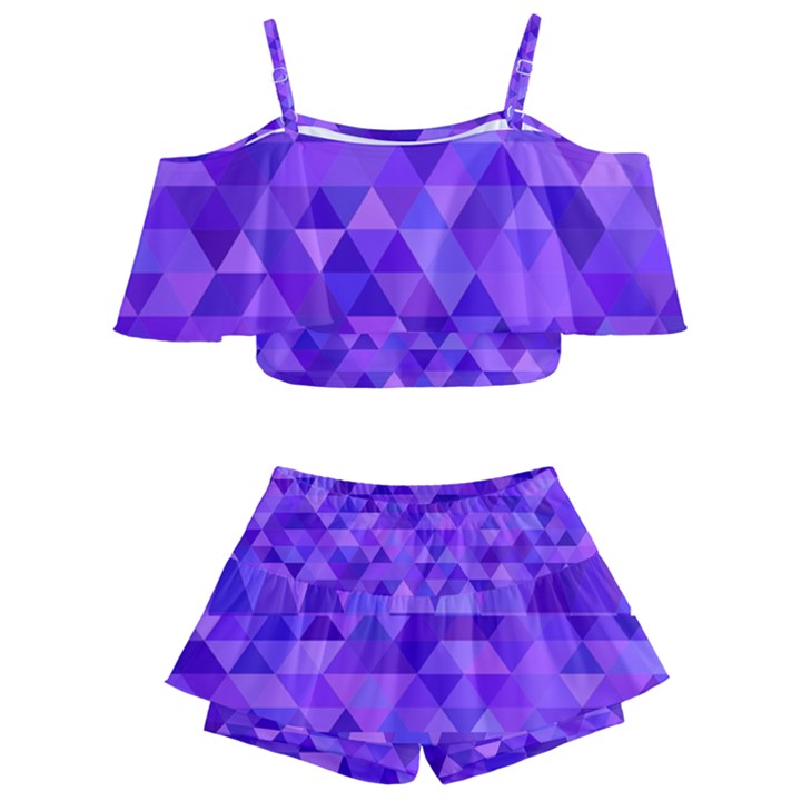 Shades Of Purple Triangles Kids  Off Shoulder Skirt Bikini