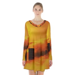 City Sun Clouds Smog Sky Yellow Long Sleeve Velvet V-neck Dress by Simbadda