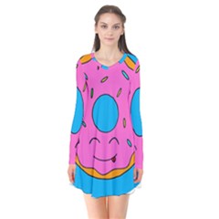 Donut Doughnut Dessert Clip Art Long Sleeve V-neck Flare Dress by Simbadda