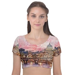 City Buildings Bridge Water River Velvet Short Sleeve Crop Top  by Simbadda